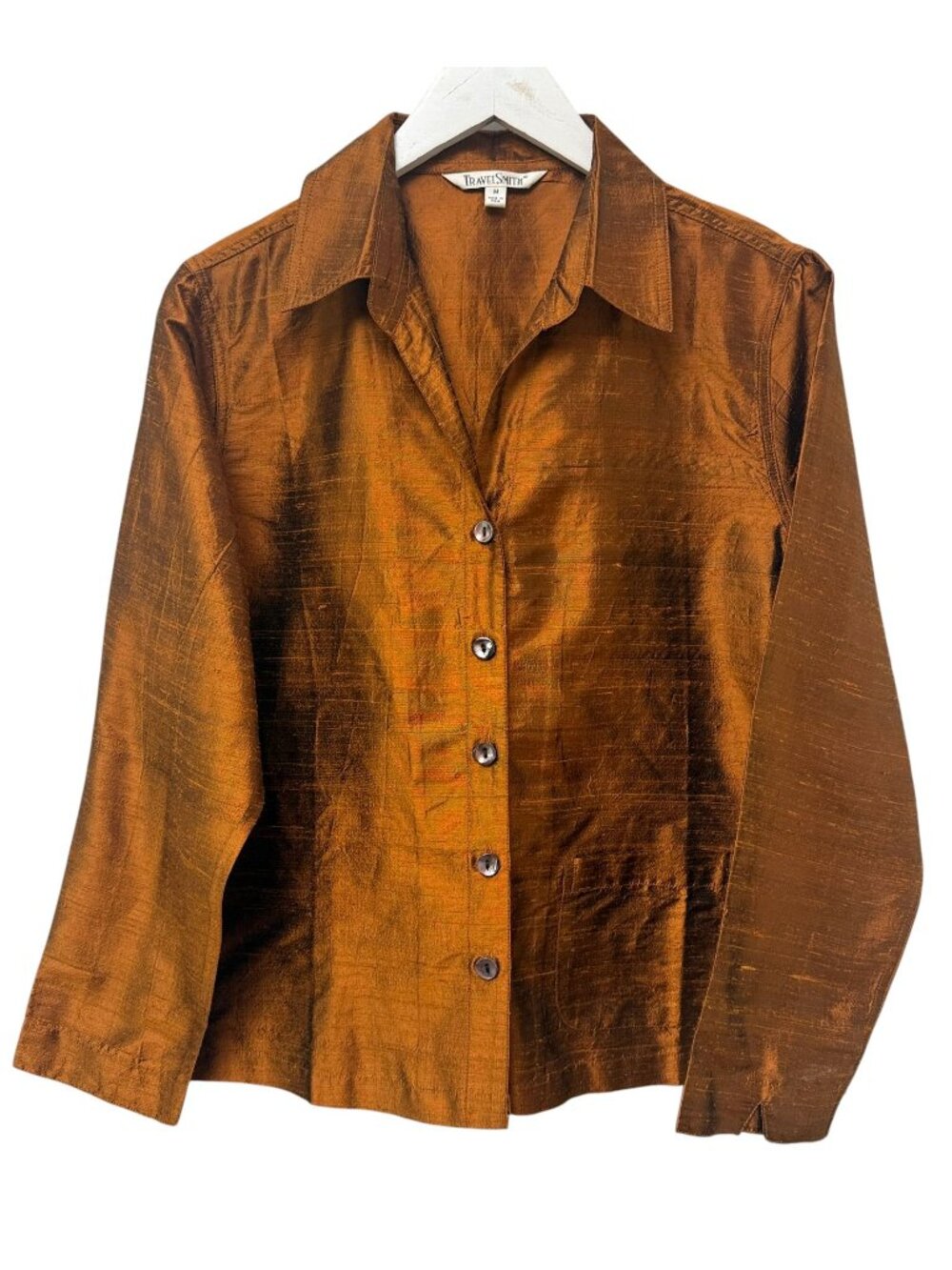 TravelSmith 100% Silk Jacket Womens Medium Copper Brown Evening Button Front